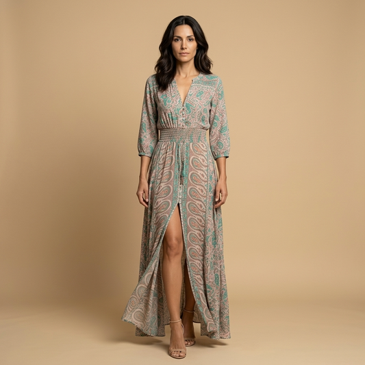 Vestido Largo Mujer Estampado Paisley Smocking Abertura Frontal - Mavetta