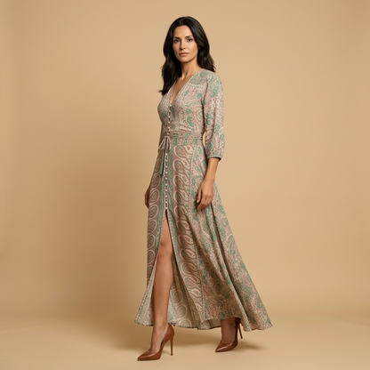 Vestido Largo Mujer Estampado Paisley Smocking Abertura Frontal