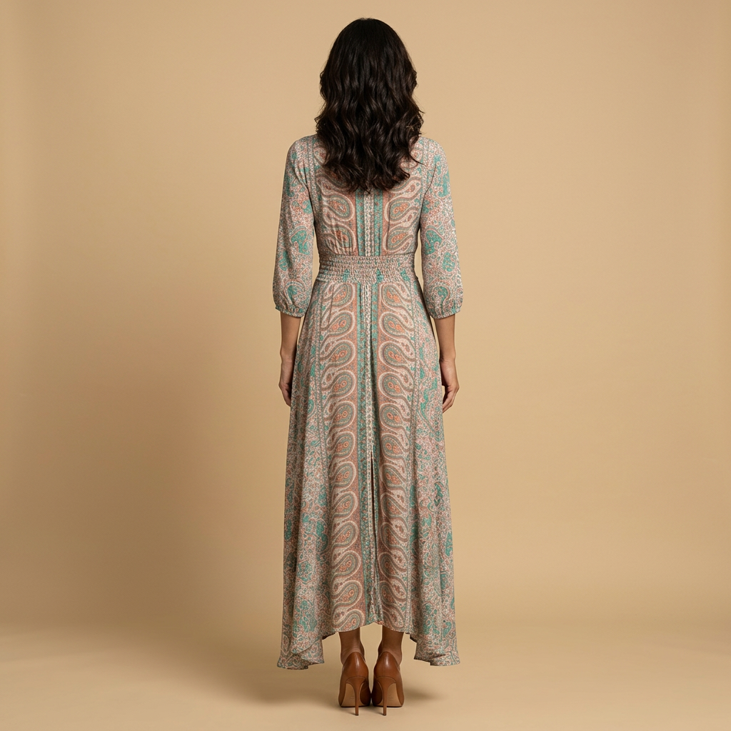 Vestido Largo Mujer Estampado Paisley Smocking Abertura Frontal