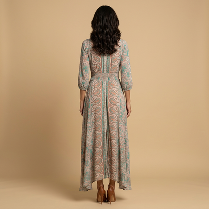 Vestido Largo Mujer Estampado Paisley Smocking Abertura Frontal