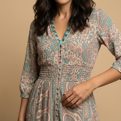 Vestido Largo Mujer Estampado Paisley Smocking Abertura Frontal
