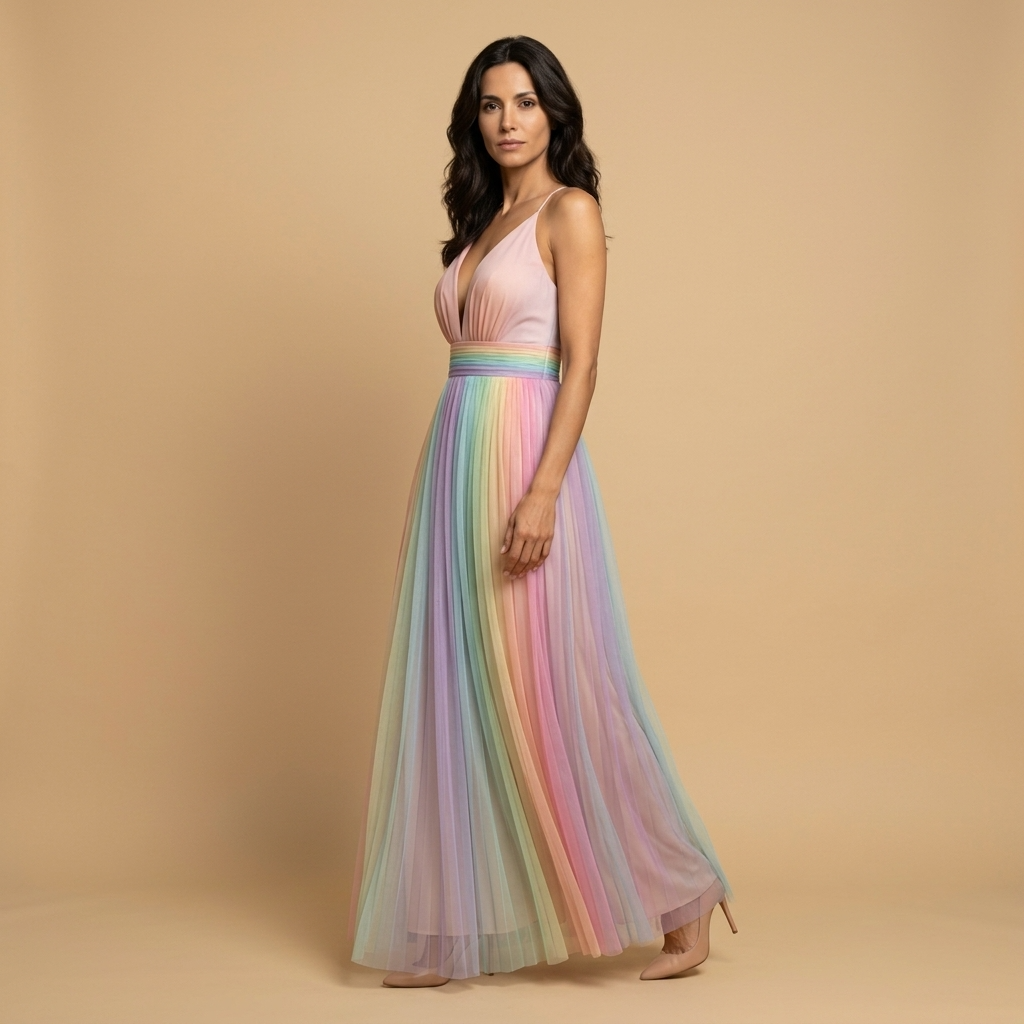 Vestido Largo Mujer de Tul Plisado Escote en V