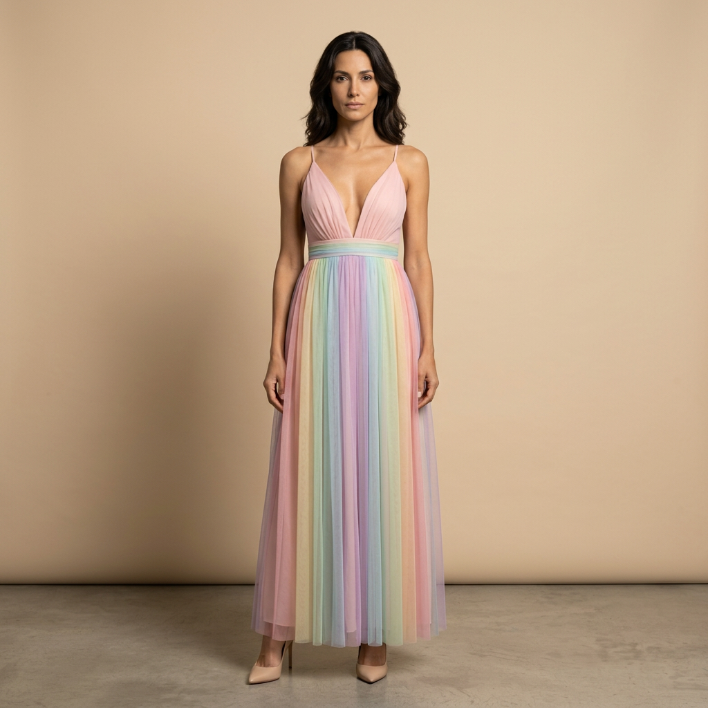 Vestido Largo Mujer de Tul Plisado Escote en V - Mavetta