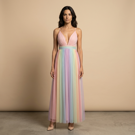 Vestido Largo Mujer de Tul Plisado Escote en V - Mavetta