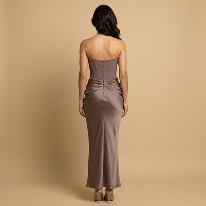 Vestido Largo Mujer Satén Corsé Drapeado Ajustado Cadera