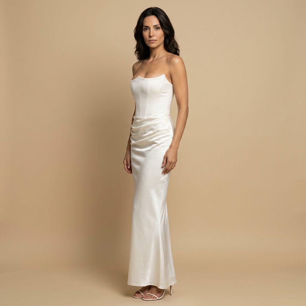 Vestido Largo Mujer Satén Corsé Drapeado Ajustado Cadera