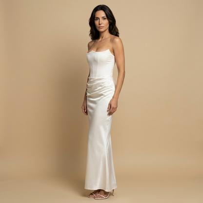 Vestido Largo Mujer Satén Corsé Drapeado Ajustado Cadera