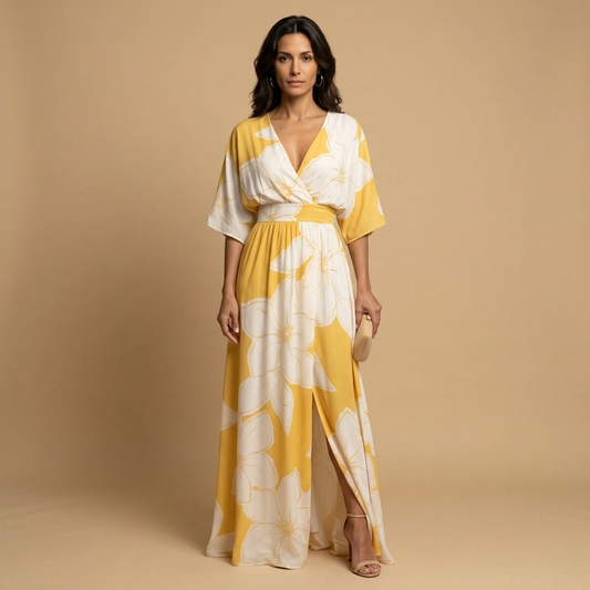 Vestido Largo Mujer Estampado Floral Manga Kimono Escote en V - Mavetta
