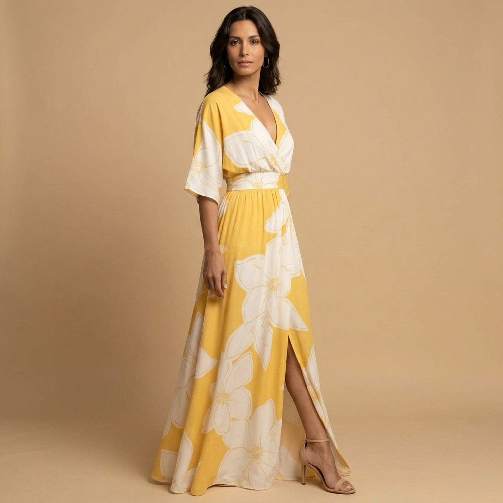 Vestido Largo Mujer Estampado Floral Manga Kimono Escote en V