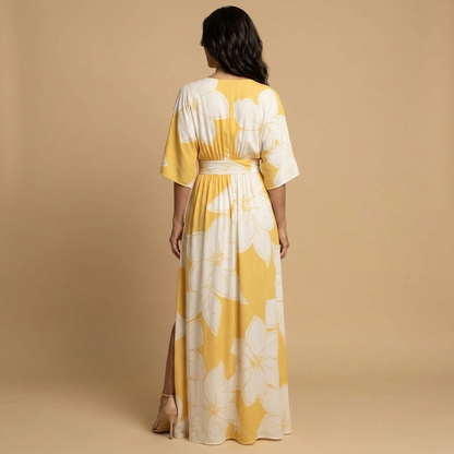 Vestido Largo Mujer Estampado Floral Manga Kimono Escote en V