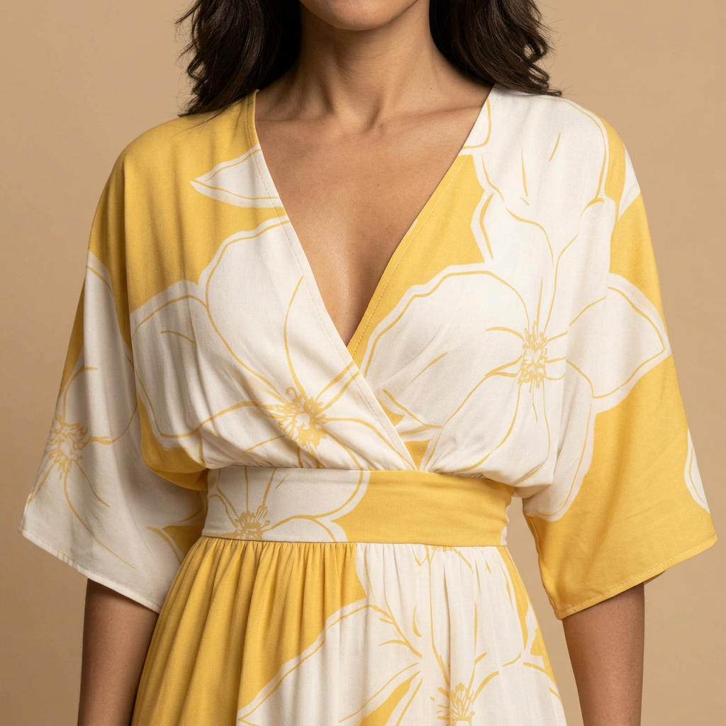 Vestido Largo Mujer Estampado Floral Manga Kimono Escote en V