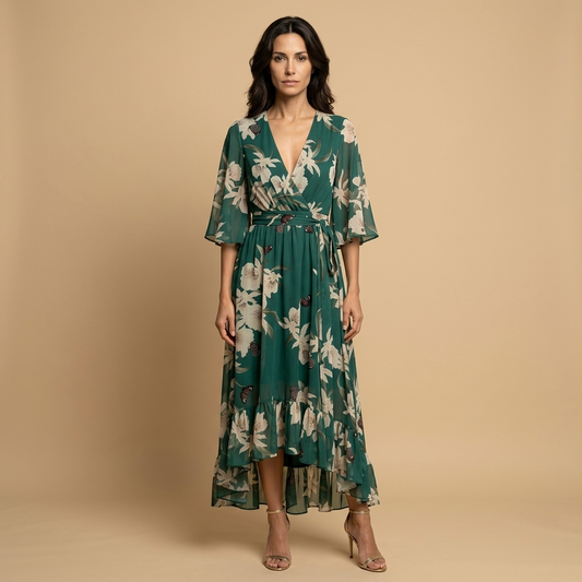 Vestido Largo Mujer Floral Manga Kimono Escote en V Volante Asimétrico - Mavetta
