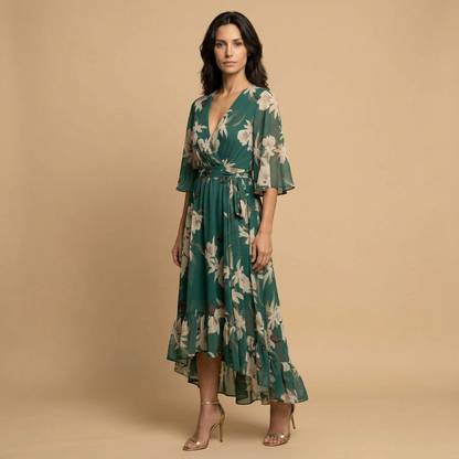 Vestido Largo Mujer Floral Manga Kimono Escote en V Volante Asimétrico