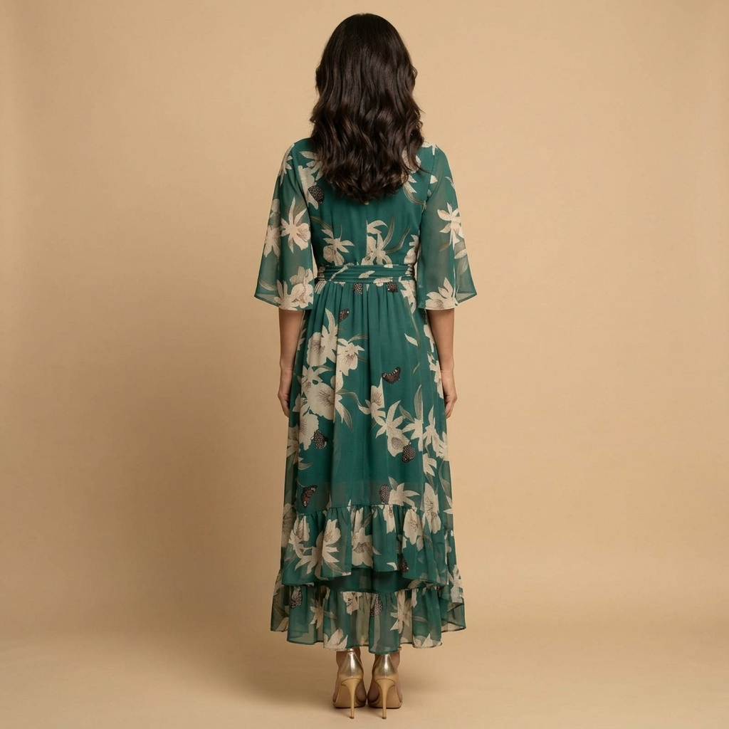 Vestido Largo Mujer Floral Manga Kimono Escote en V Volante Asimétrico