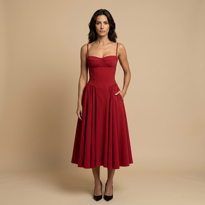 Vestido Midi Mujer Corset Palabra de Honor Falda de Vuelo con