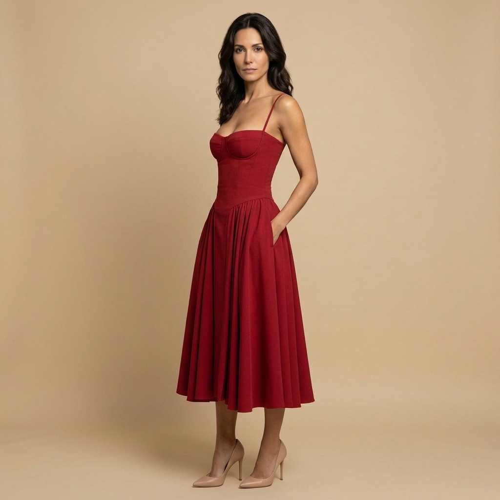 Vestido Midi Mujer Corset Palabra de Honor Falda de Vuelo con