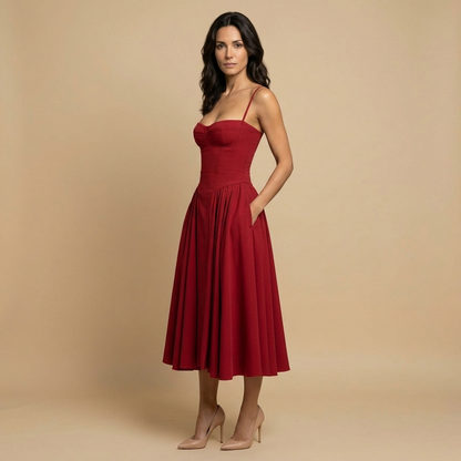 Vestido Midi Mujer Corset Palabra de Honor Falda de Vuelo con