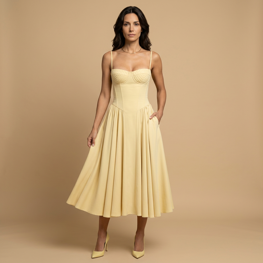 Vestido Midi Mujer Corset Palabra de Honor Falda de Vuelo con