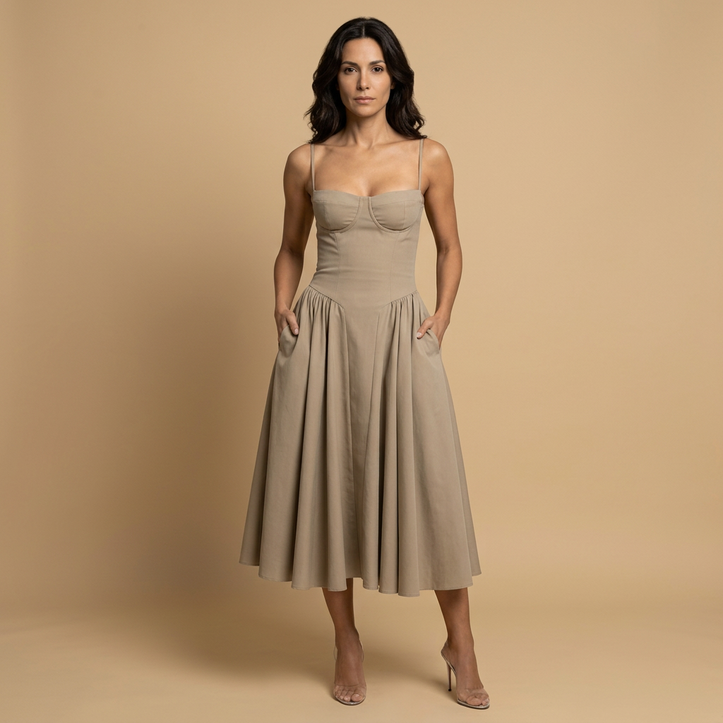 Vestido Midi Mujer Corset Palabra de Honor Falda de Vuelo con