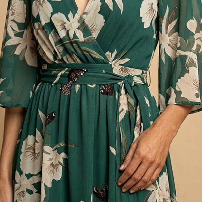 Vestido Largo Mujer Floral Manga Kimono Escote en V Volante Asimétrico