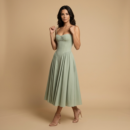 Vestido Midi Mujer Corset Palabra de Honor Falda de Vuelo con