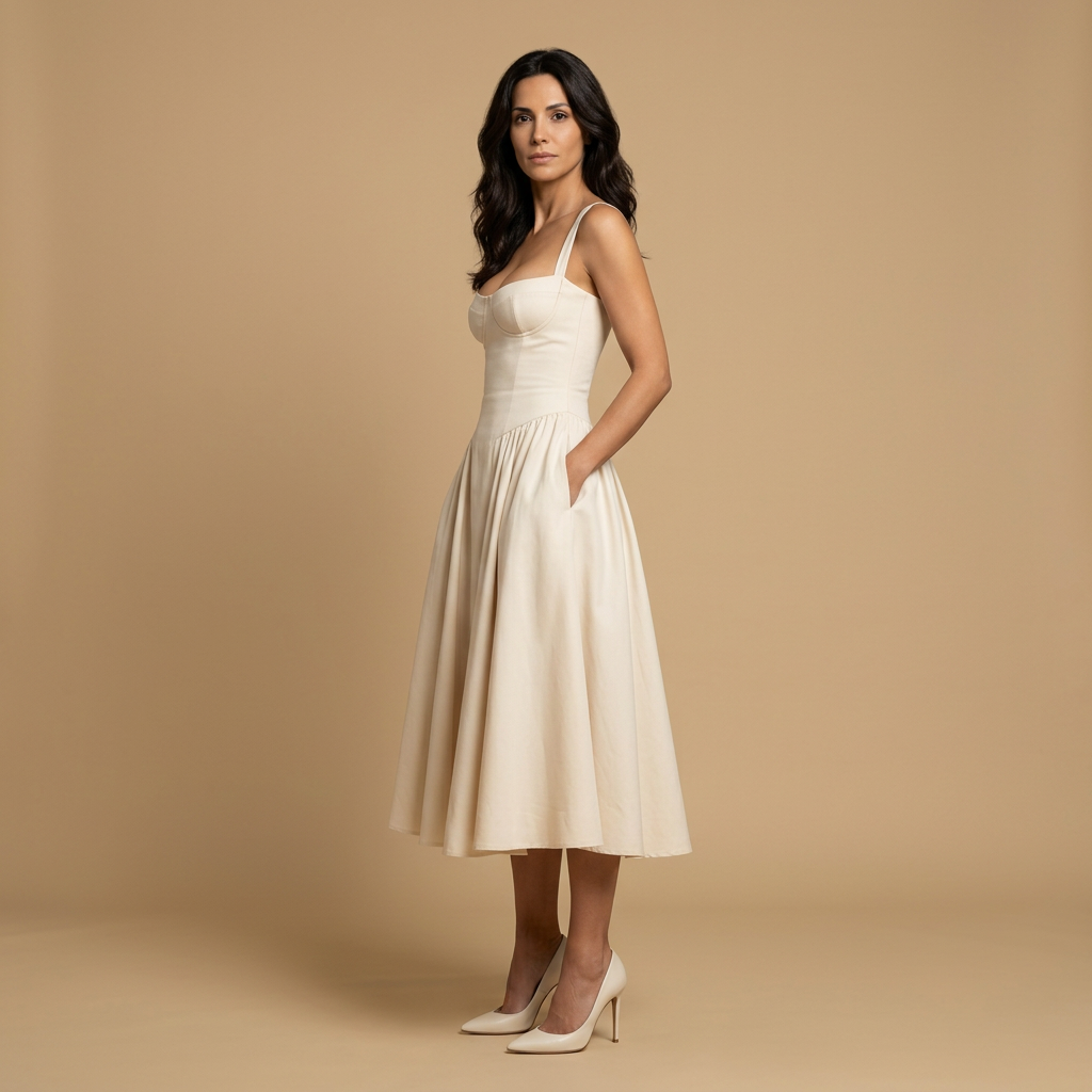 Vestido Midi Mujer Corset Palabra de Honor Falda de Vuelo con