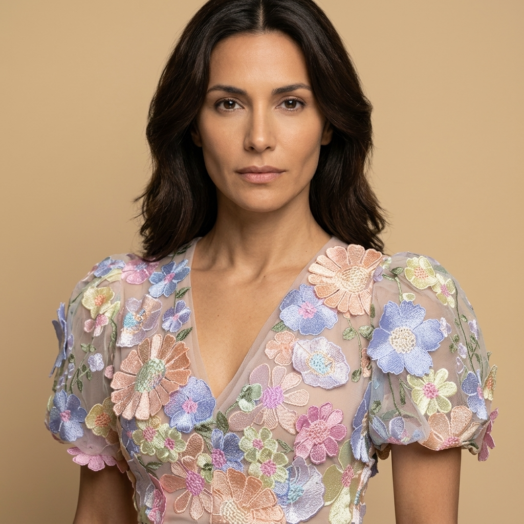 Vestido Corto Mujer con Apliques 3D Flores Manga Globo Escote en V