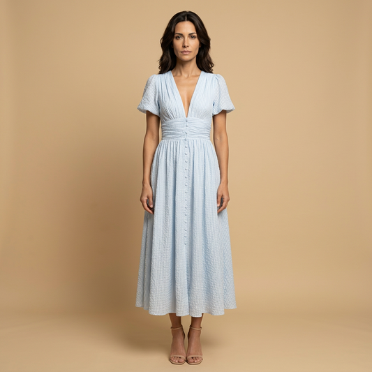 Vestido Midi Mujer Manga Mariposa Escote en V Cintura Smocking - Mavetta