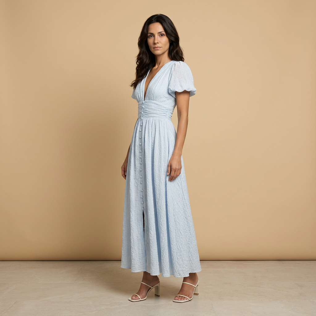 Vestido Midi Mujer Manga Mariposa Escote en V Cintura Smocking