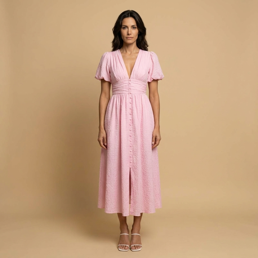 Vestido Midi Mujer Manga Mariposa Escote en V Cintura Smocking