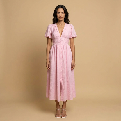 Vestido Midi Mujer Manga Mariposa Escote en V Cintura Smocking