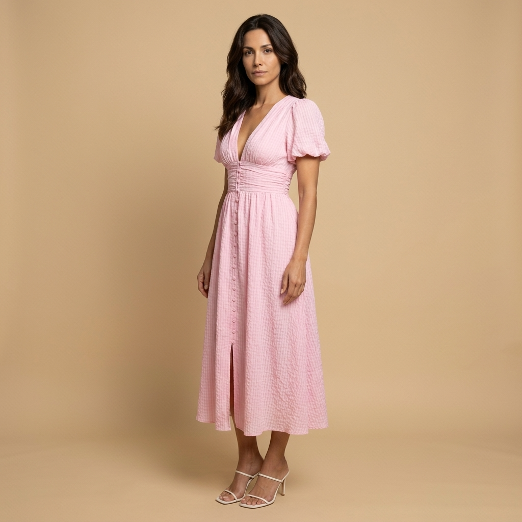 Vestido Midi Mujer Manga Mariposa Escote en V Cintura Smocking