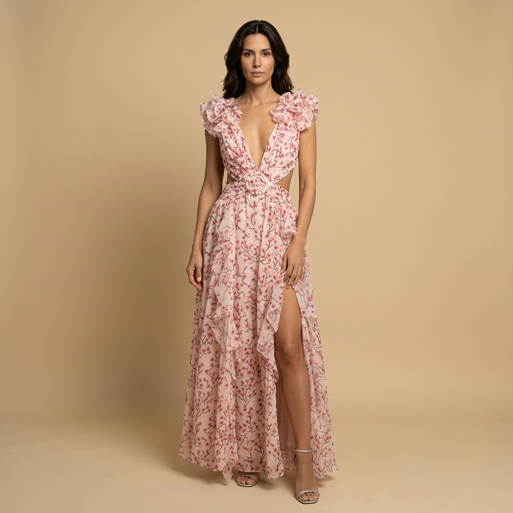 Vestido Largo Mujer Floral Volantes Hombro Descubierto Cintura - Mavetta