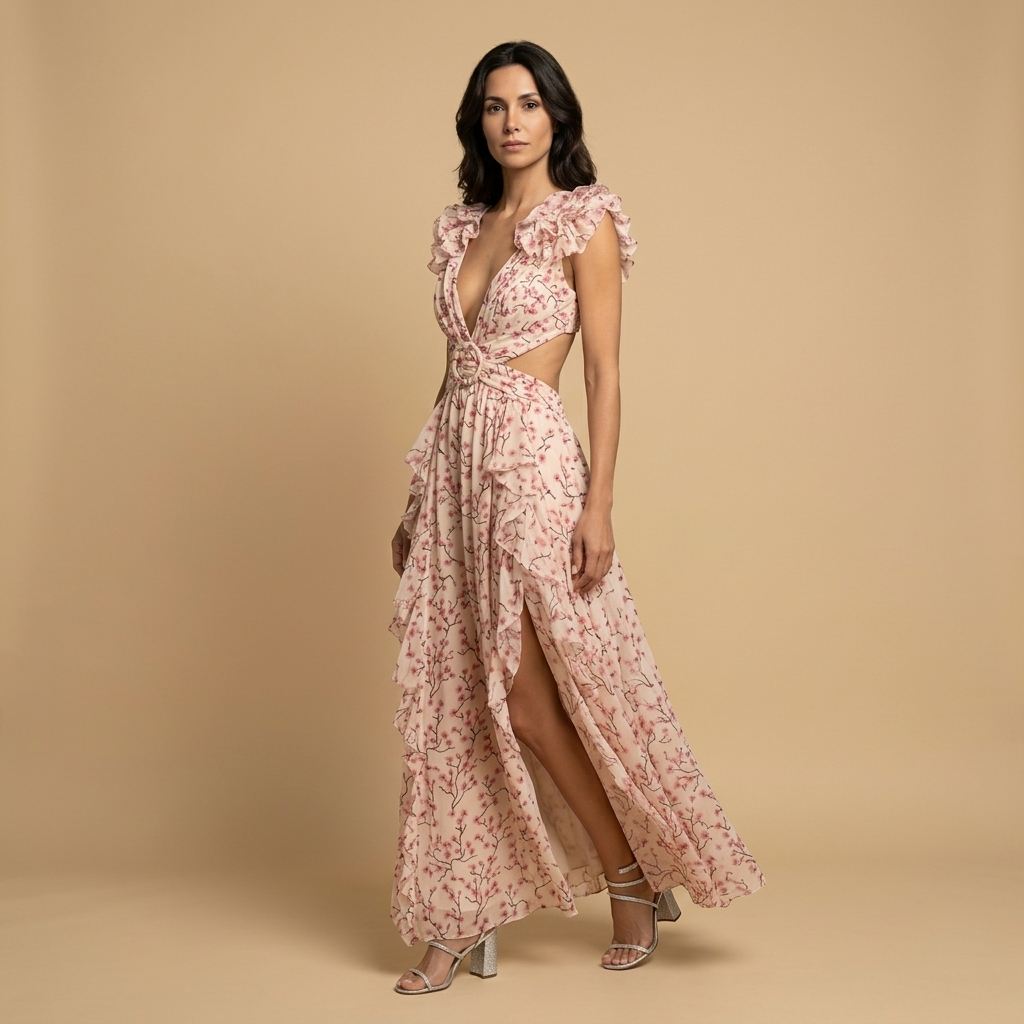 Vestido Largo Mujer Floral Volantes Hombro Descubierto Cintura