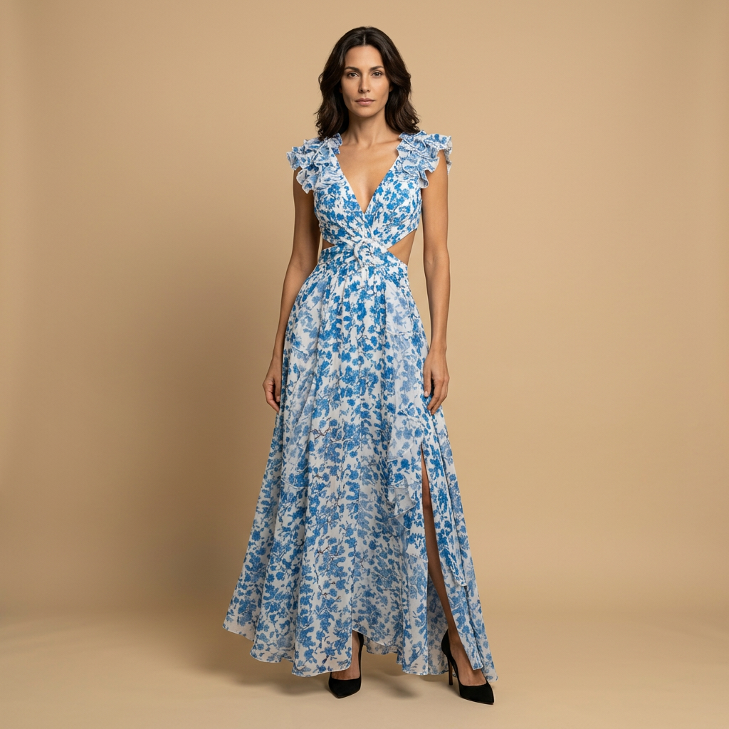 Vestido Largo Mujer Floral Volantes Hombro Descubierto Cintura