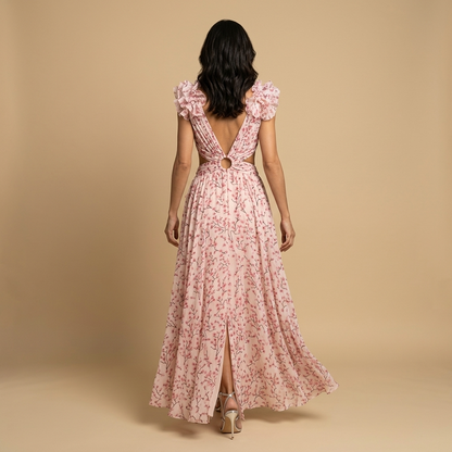 Vestido Largo Mujer Floral Volantes Hombro Descubierto Cintura