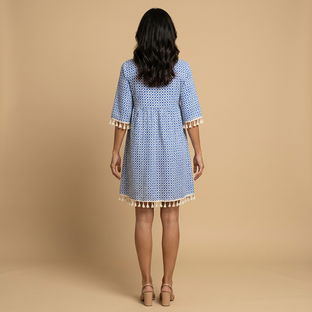 Vestido Corto Mujer Túnica Algodón Borlas Artesanales