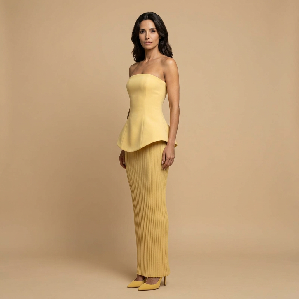 Vestido Largo Mujer Peplum Falda Acanalada Palabra de Honor