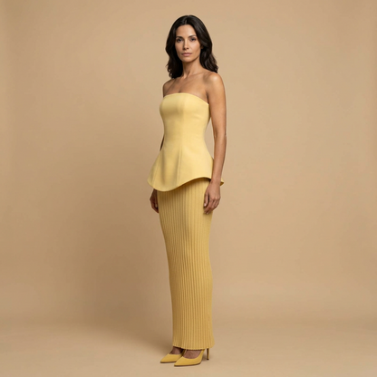 Vestido Largo Mujer Peplum Falda Acanalada Palabra de Honor