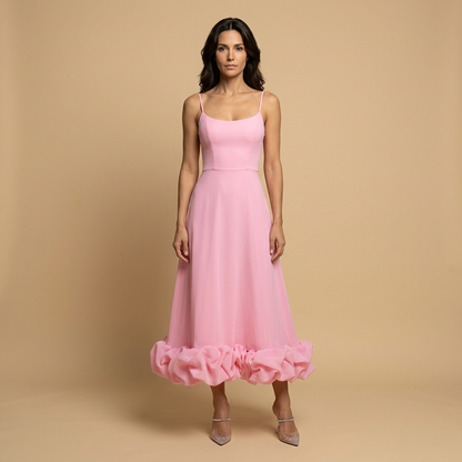 Vestido Midi Mujer Corset Tirantes Finos Volante Bajo