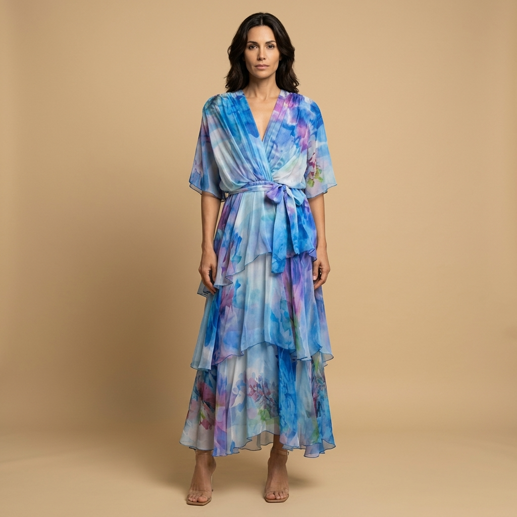 Vestido Midi Mujer Estampado Floral Volantes Escalonados Manga Kimono - Mavetta