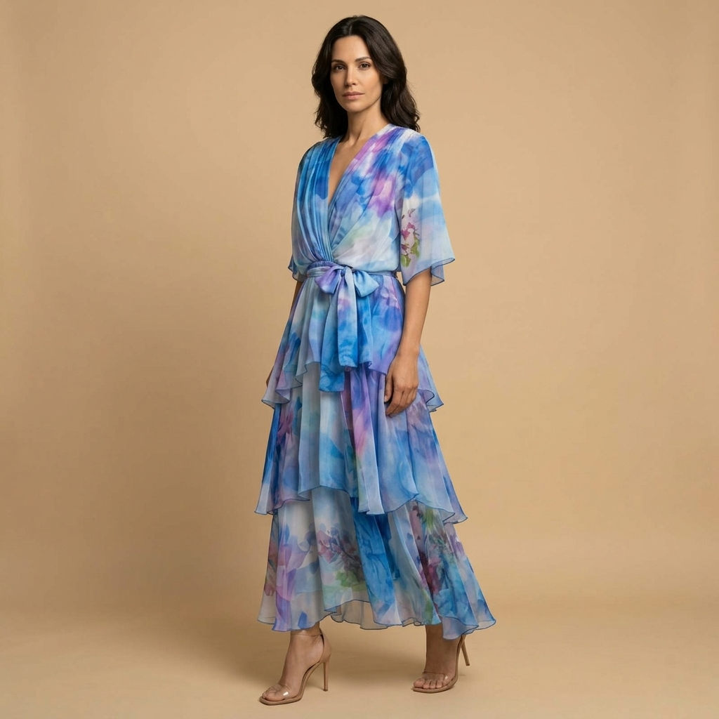 Vestido Midi Mujer Estampado Floral Volantes Escalonados Manga Kimono