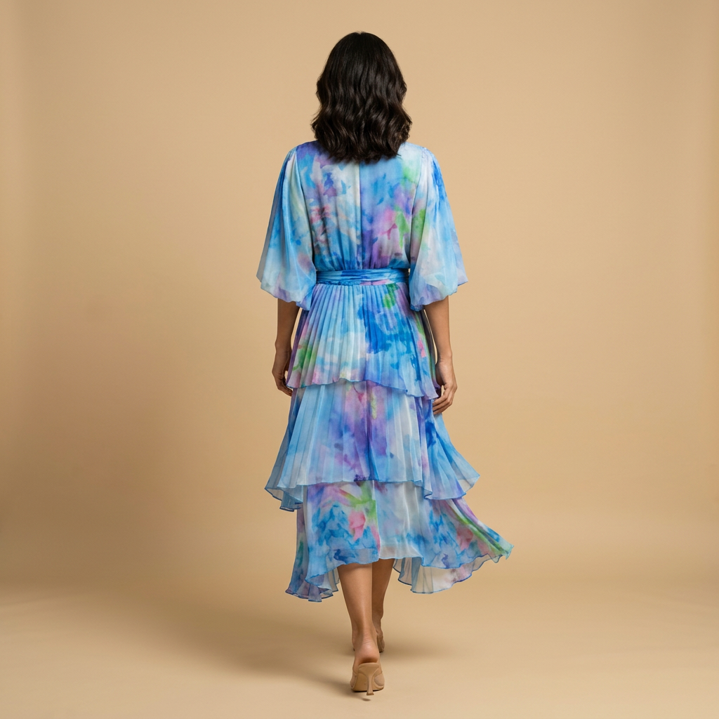 Vestido Midi Mujer Estampado Floral Volantes Escalonados Manga Kimono