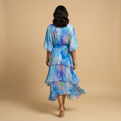 Vestido Midi Mujer Estampado Floral Volantes Escalonados Manga Kimono
