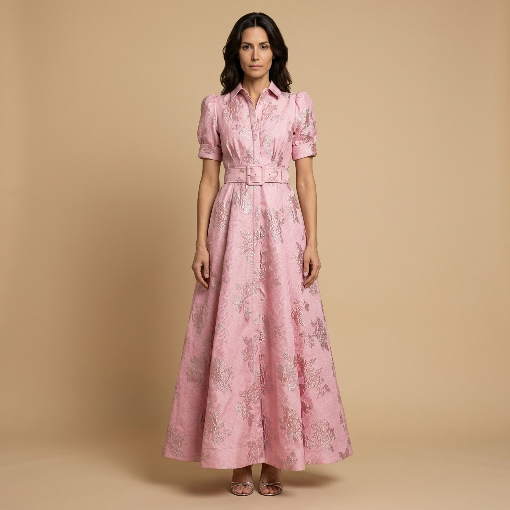 Vestido Largo Mujer de Brocado Floral Manga Globo Cinturón Integrado - Mavetta