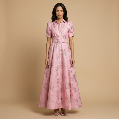 Vestido Largo Mujer de Brocado Floral Manga Globo Cinturón Integrado - Mavetta