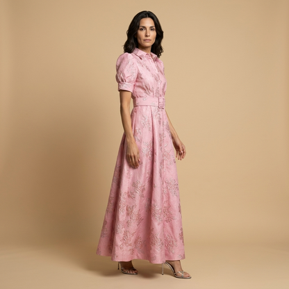 Vestido Largo Mujer de Brocado Floral Manga Globo Cinturón Integrado