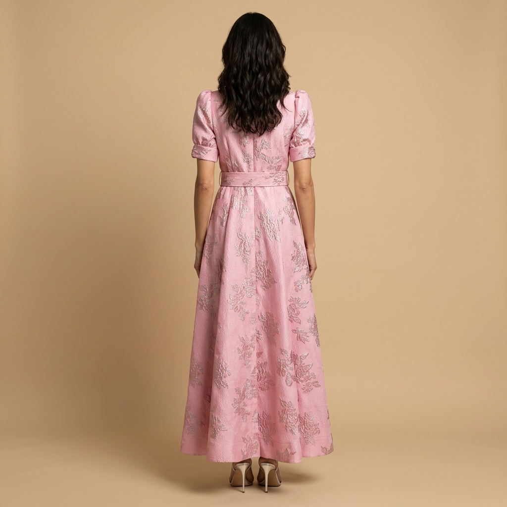 Vestido Largo Mujer de Brocado Floral Manga Globo Cinturón Integrado