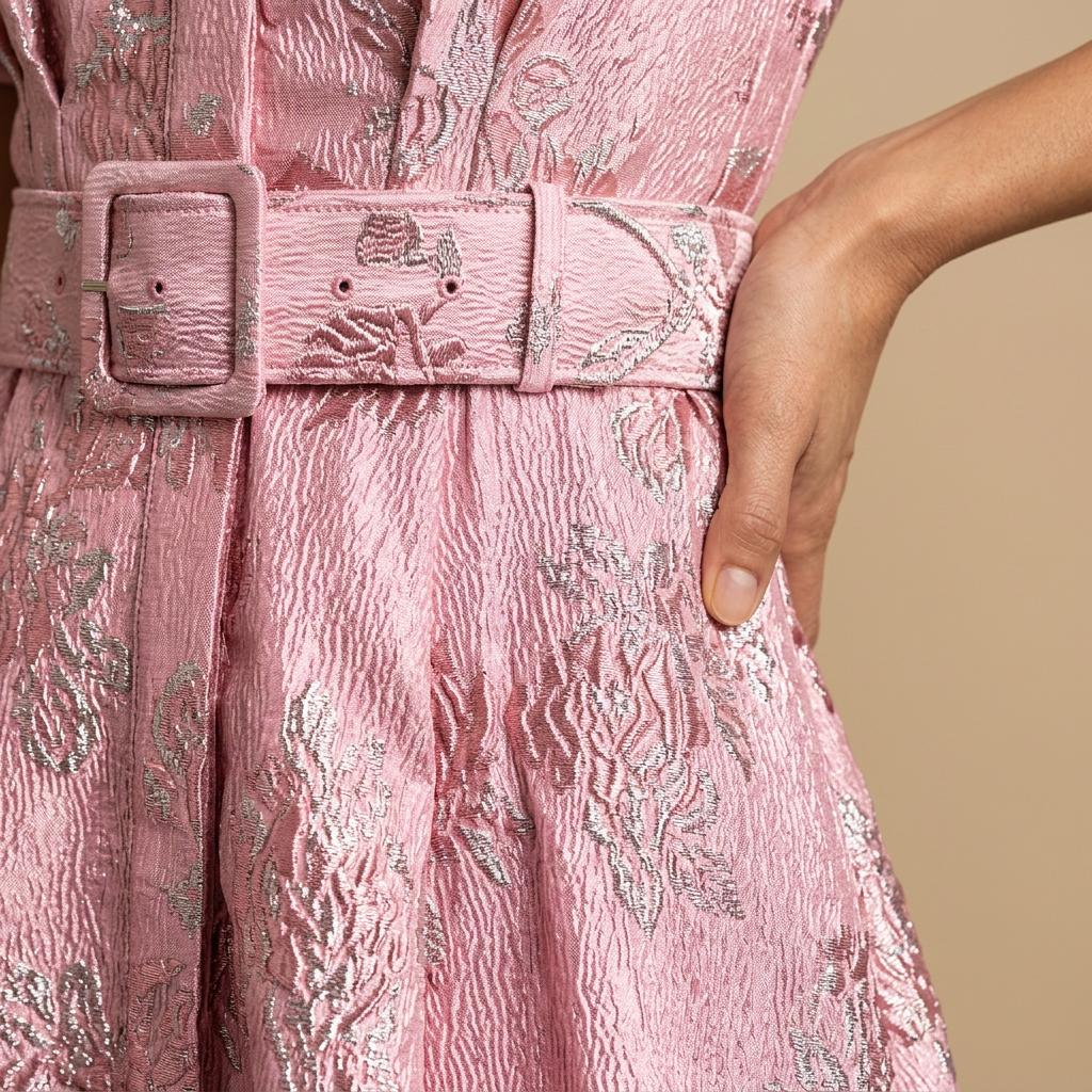 Vestido Largo Mujer de Brocado Floral Manga Globo Cinturón Integrado