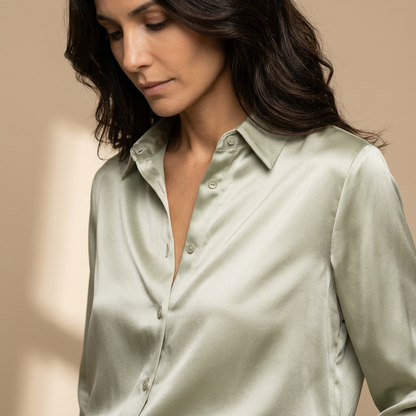 Blusa Mujer de Satén Manga Larga Cuello Camisero